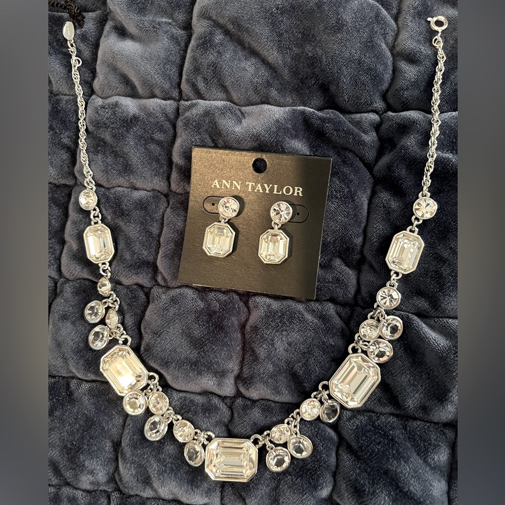 Ann Taylor Silver CZ necklace and earring set. NWT, never worn